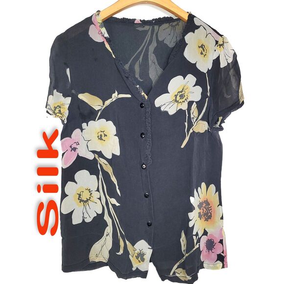Women's 100% Silk Size S Short Sleeve Top Button-Up Shirt SCE233 - Picture 1 of 4